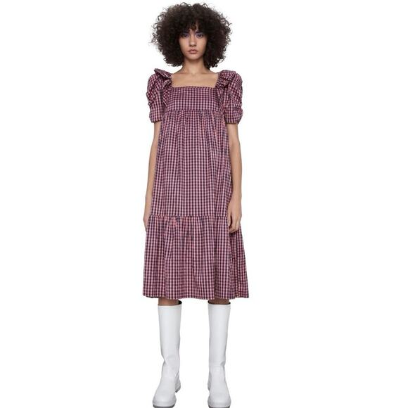 Zara Dresses & Skirts - Zara Women’s Gingham Ruffle Prairie Midi Dress Pink/Navy Blue Size Medium